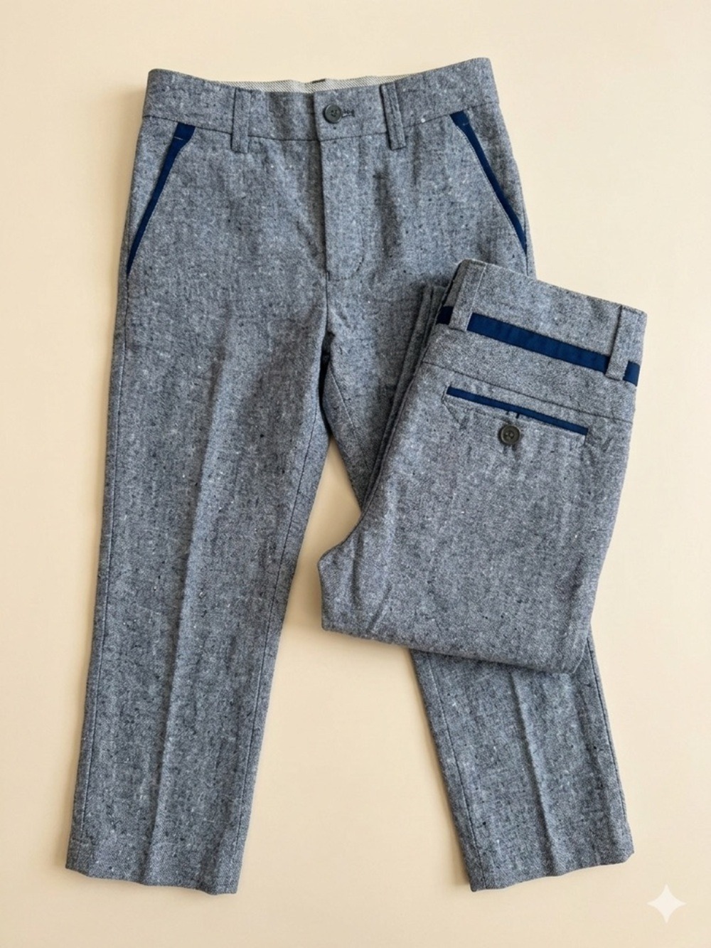 Boys' Gray Tweed Formal Trousers with Navy Trim Accents